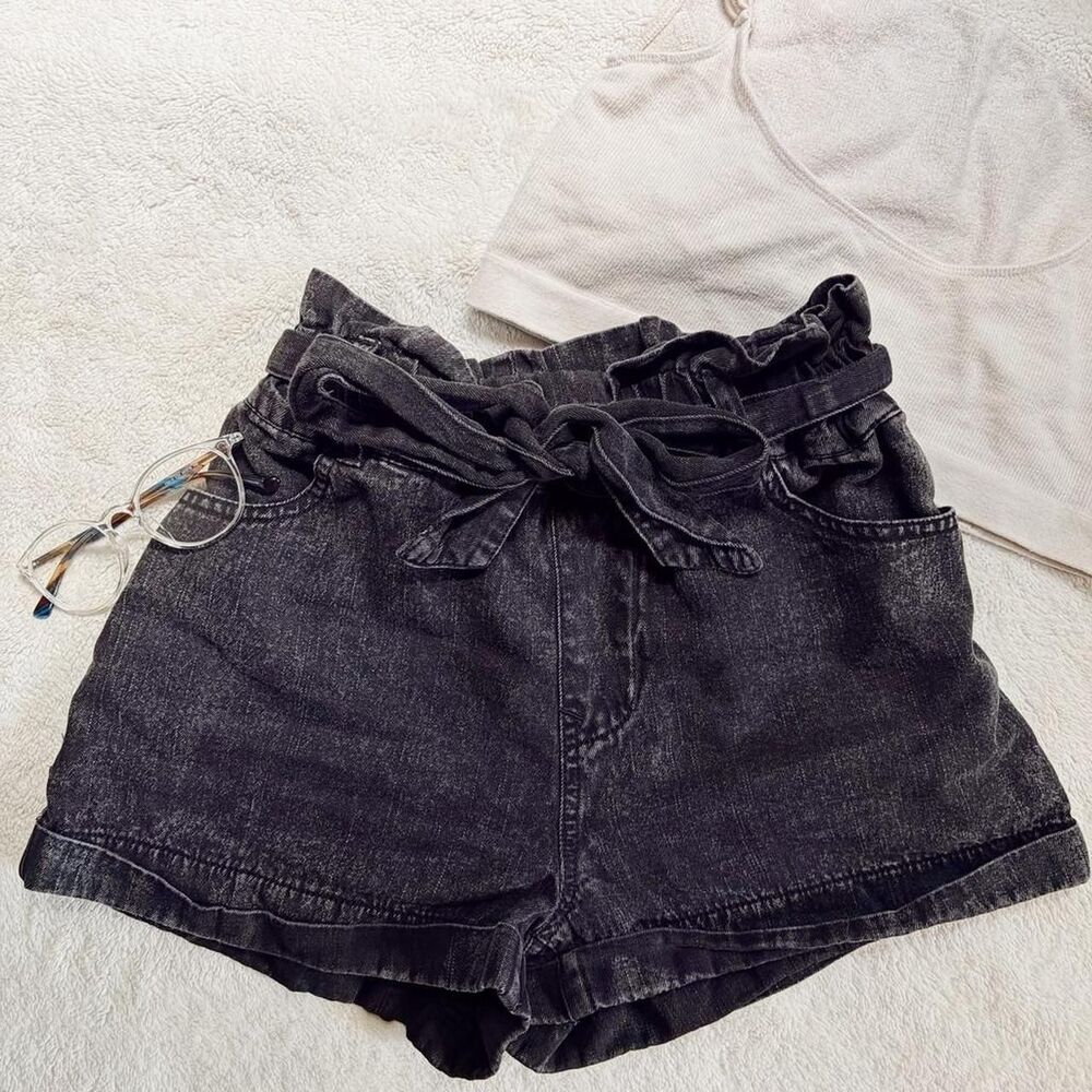 tgla black denim paperbag shorts w tie waist